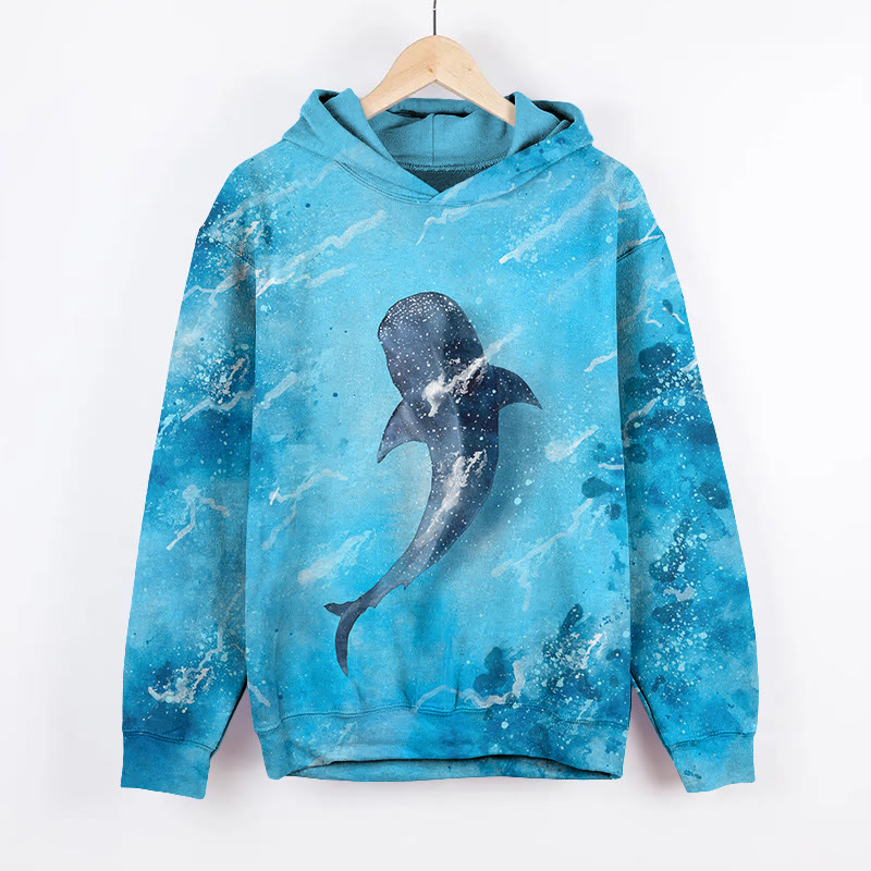 Unisex Ocean Whales  Art Print Long Sleeved Hoodie - Light Blue - US44-46(8XL) - image 1
