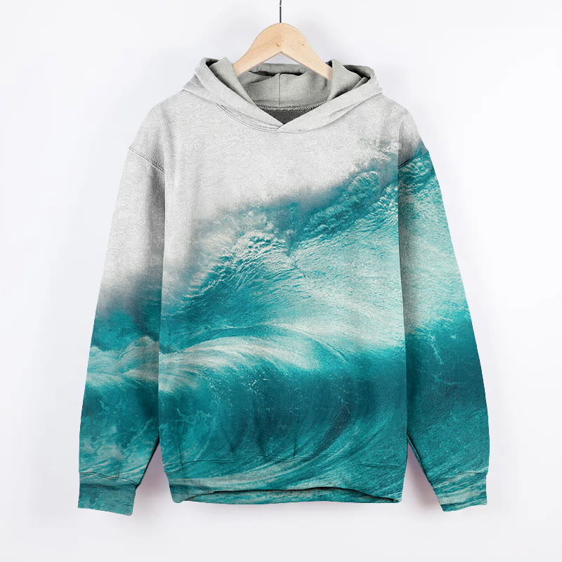 Unisex  Waves Print Long Sleeved Hoodie - Green - US44-46(8XL) - image 1