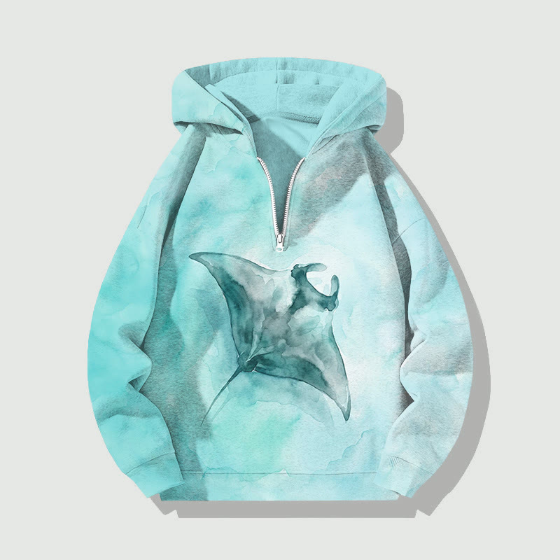 Stingray Watercolor Painting Art Print Half Zip Hoodie - Lake Blue - US32-34(5XL) - image 1