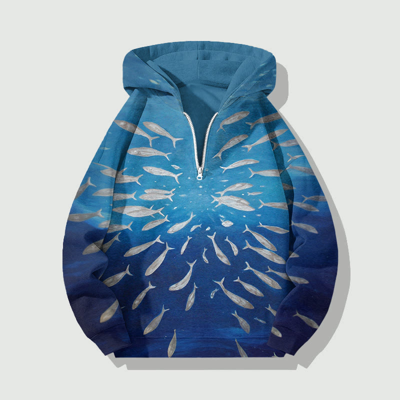 Deep-sea Fish School Artistic Painting Art Print Half Zip Hoodie - Blue - US32-34(5XL) - image 1