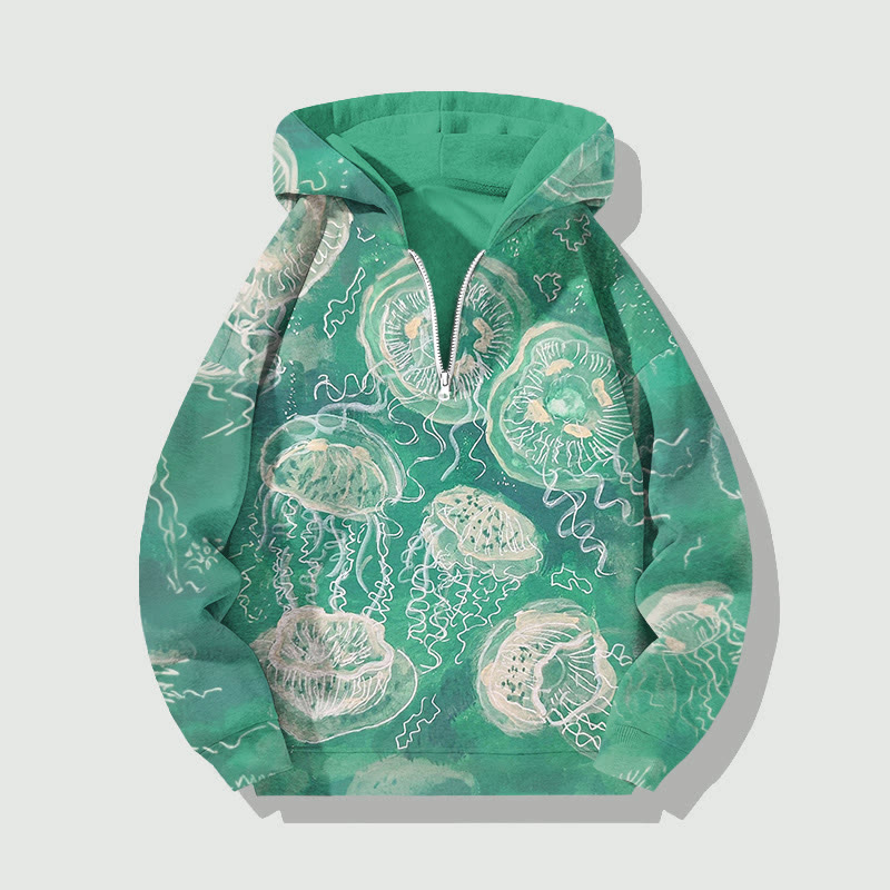Jellyfish Watercolor Art Print Half Zip Hoodie - Green - US32-34(5XL) - image 1