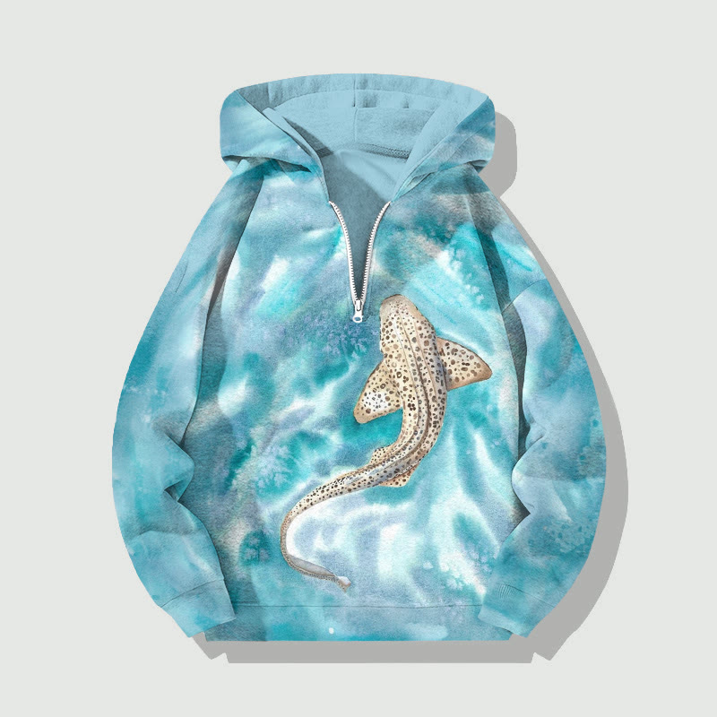 Underwater Shark Watercolor Art Print Half Zip Hoodie - Blue - US32-34(5XL) - image 1