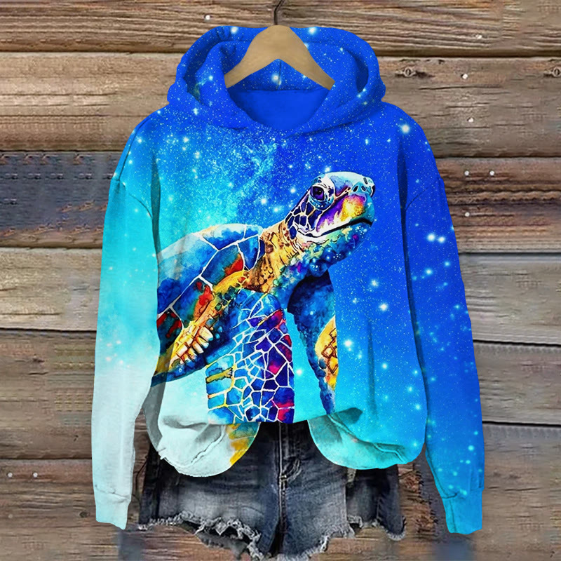 Starry Sky Turtle Art Print Long Sleeved Hoodie - Blue - US44-46(8XL) - image 1