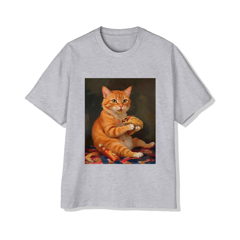 Unisex Vintage Portrait Orange Cat Eating Burger  Pattern Short Sleeved Crew Neck T-Shirt - Grey - 2XL - image 2