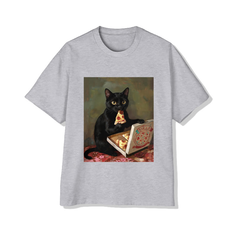 Unisex Vintage Portrait Black Cat Eating Pizza  Pattern Short Sleeved Crew Neck T-Shirt - Grey - 2XL - image 2