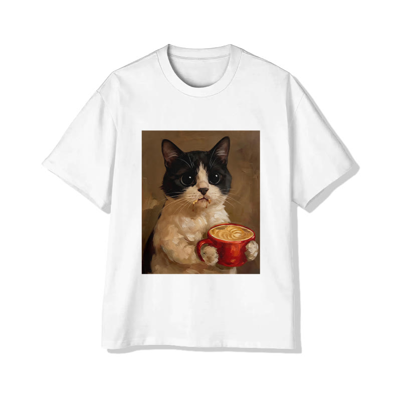 Unisex Vintage Portrait  Cat With Coffee Pattern Short Sleeved Crew Neck T-Shirt - White - 2XL - image 2