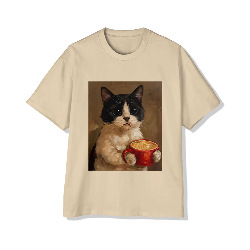 Unisex Vintage Portrait  Cat With Coffee Pattern Short Sleeved Crew Neck T-Shirt - Apricot - 2XL - image 1