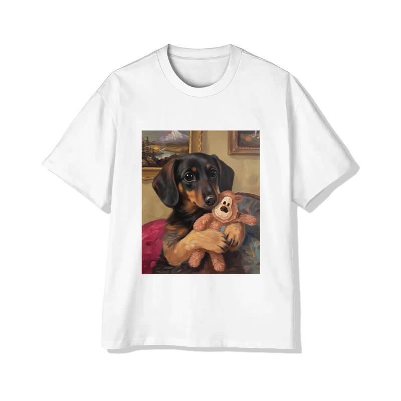 Unisex Vintage Portrait Dachshund With Pattern Short Sleeved Crew Neck T-Shirt - White - 2XL - image 2
