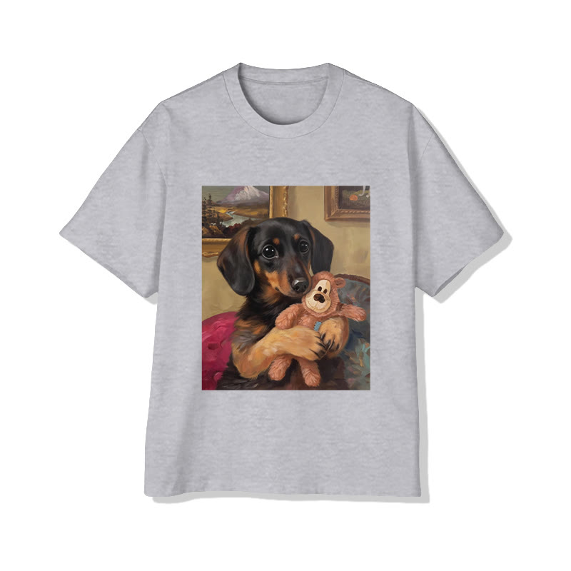 Unisex Vintage Portrait Dachshund With Pattern Short Sleeved Crew Neck T-Shirt - Grey - 2XL - image 1