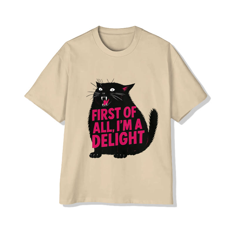 Unisex Sassy Black Cat "First Of All, I'm A Delight" Pattern Short Sleeved Crew Neck T-Shirt - Apricot - 2XL - image 3