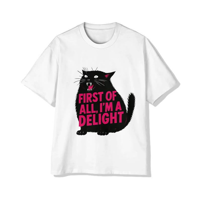 Unisex Sassy Black Cat "First Of All, I'm A Delight" Pattern Short Sleeved Crew Neck T-Shirt - White - 2XL - image 2