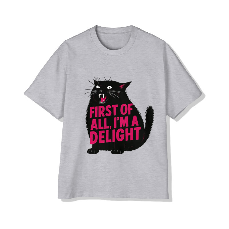Unisex Sassy Black Cat "First Of All, I'm A Delight" Pattern Short Sleeved Crew Neck T-Shirt - Grey - 2XL - image 1