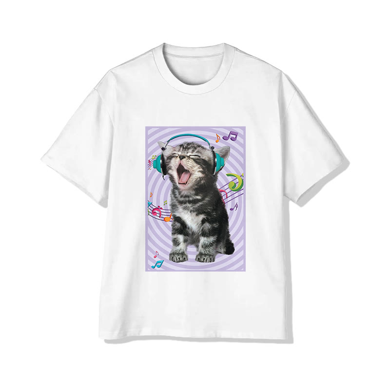 Unisex Music Loving Kitten With Headphones Pattern Short Sleeved Crew Neck T-Shirt - White - 2XL - image 2
