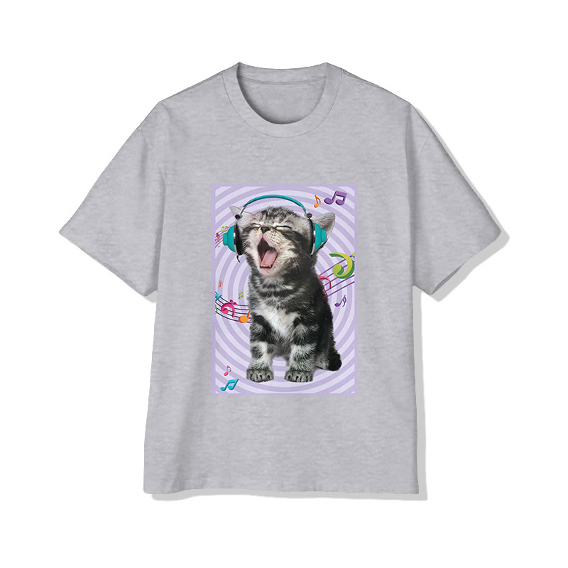 Unisex Music Loving Kitten With Headphones Pattern Short Sleeved Crew Neck T-Shirt - Grey - 2XL - image 1