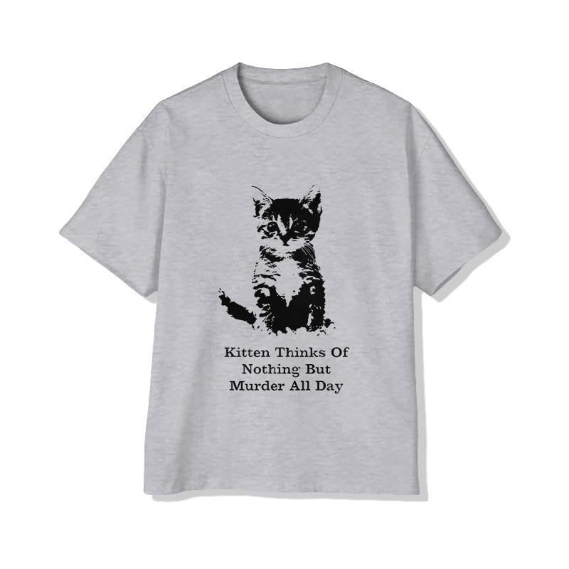 Unisex Cute Kitten "Murder All Day" Pattern Short Sleeved Crew Neck T-Shirt - Grey - 2XL - image 2