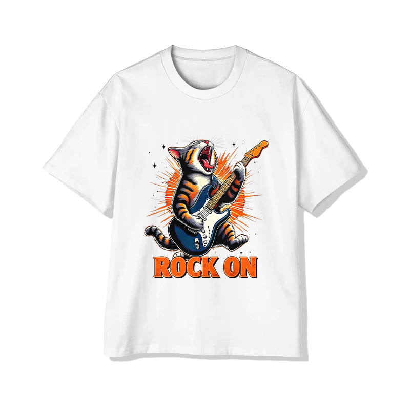 Unisex ROCK ON Cat Pattern Short Sleeved Crew Neck T-Shirt - White - 2XL - image 3