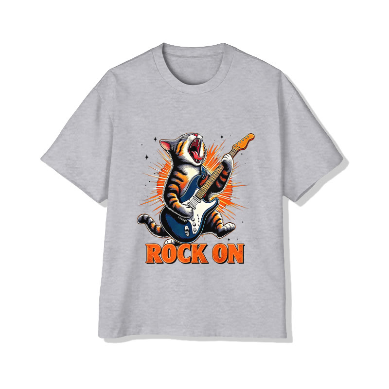 Unisex ROCK ON Cat Pattern Short Sleeved Crew Neck T-Shirt - Grey - 2XL - image 2