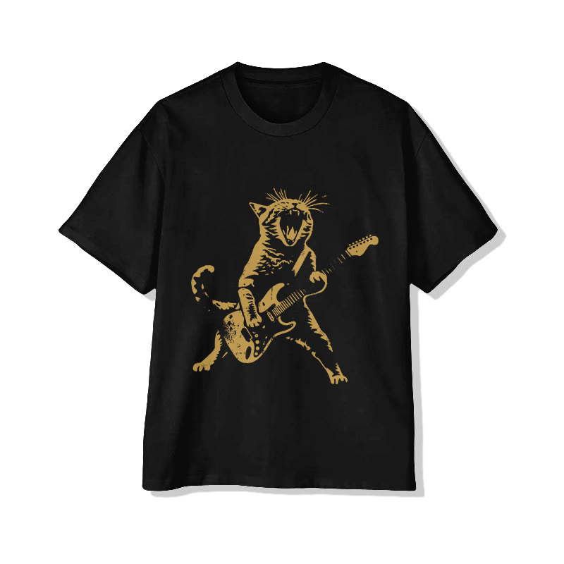 Unisex Vintage Rock Cat Playing Guitar Pattern Short Sleeved Crew Neck T-Shirt - Black - 2XL - image 1