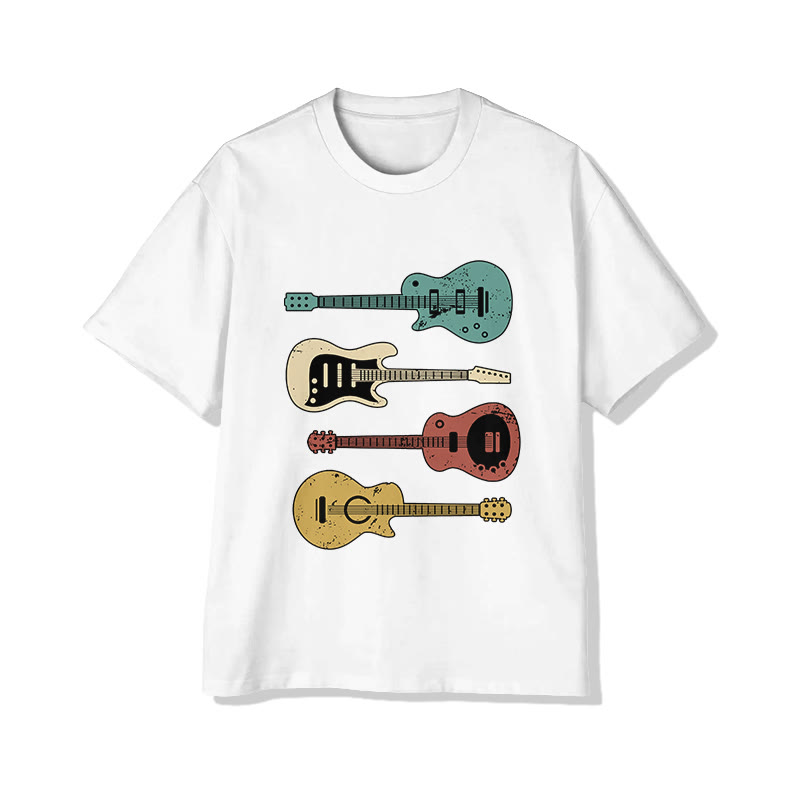 Unisex Vintage Guitar Collection Pattern Short Sleeved Crew Neck T-Shirt - White - 2XL - image 2