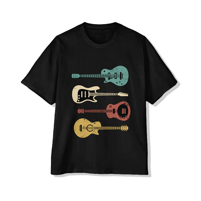 Unisex Vintage Guitar Collection Pattern Short Sleeved Crew Neck T-Shirt - Black - 2XL - image 1