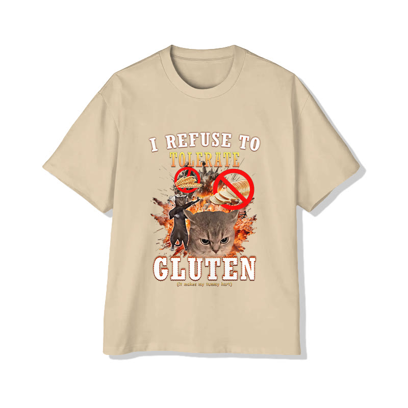 Unisex Cat "I Refuse To Tolerate Gluten" Pattern Short Sleeved Crew Neck T-Shirt - Apricot - 2XL - image 2