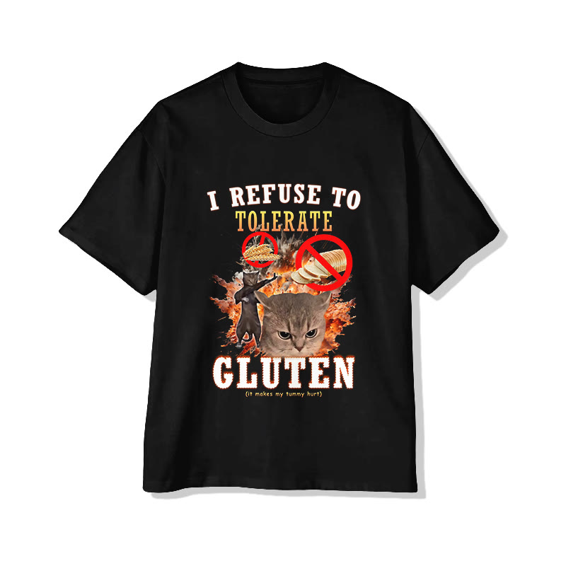 Unisex Cat "I Refuse To Tolerate Gluten" Pattern Short Sleeved Crew Neck T-Shirt - Black - 2XL - image 1