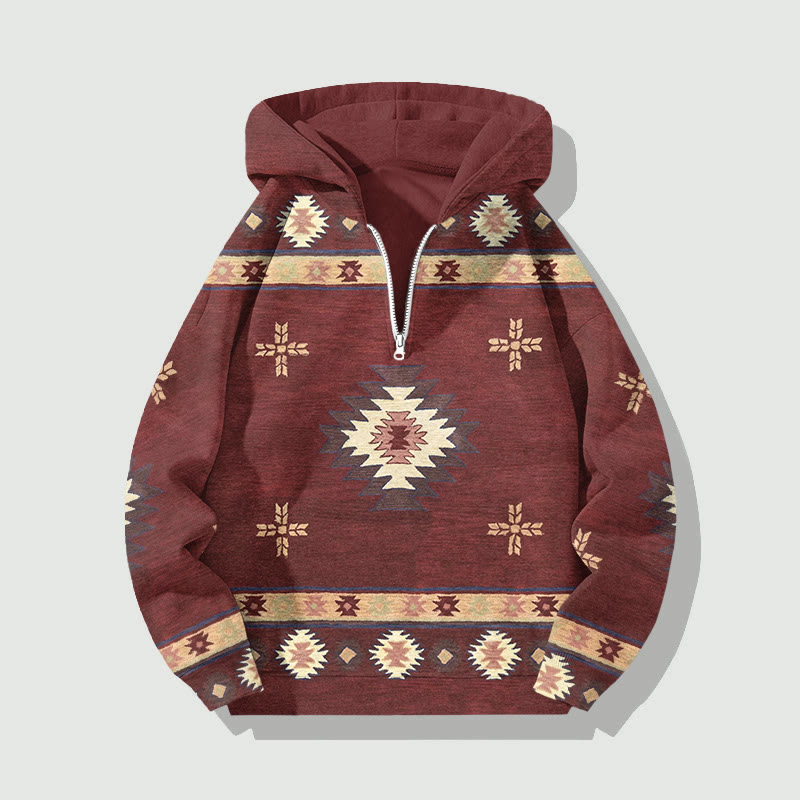 Unisex Retro Ethnic Totems Patterns Art Print Half Zip Hoodie - Wine - US32-34(5XL) - image 2