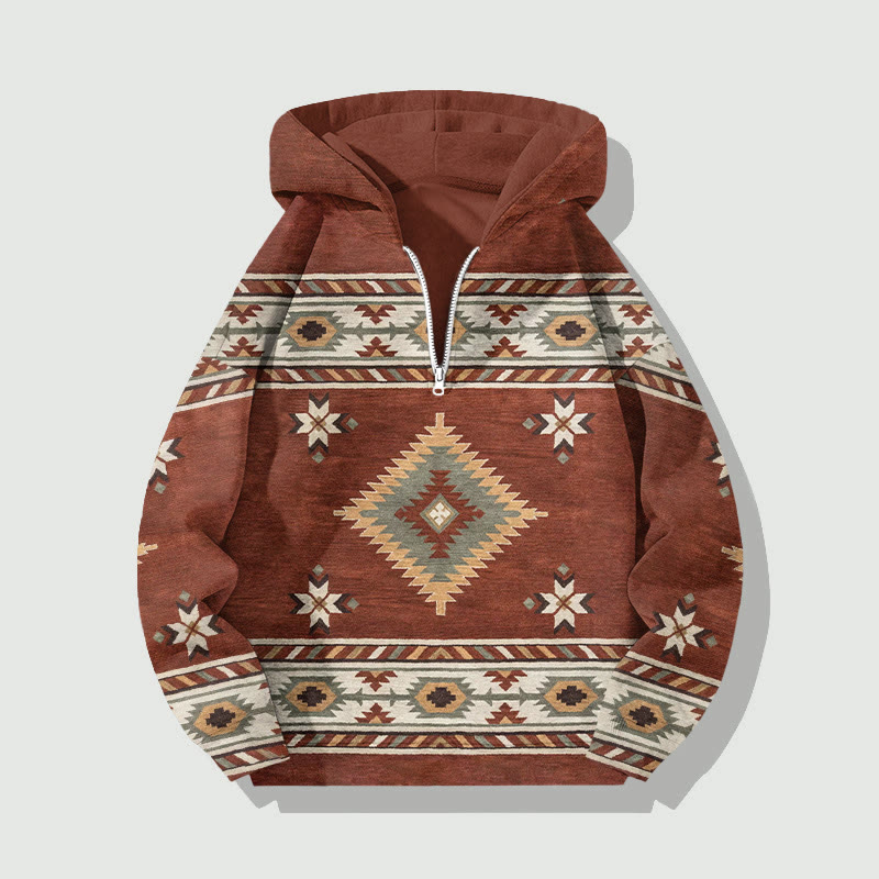 Unisex Retro Multi Colored Ethnic Geometric Pattern  Art Print Half Zip Hoodie - Brown - US32-34(5XL) - image 1