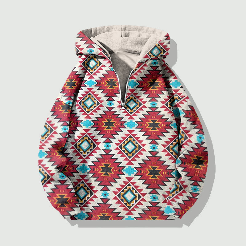 Unisex Retro Western Totems Art Print Half Zip Hoodie - Red - US32-34(5XL) - image 1