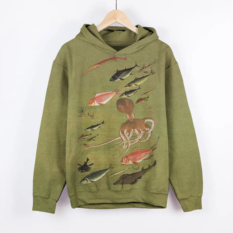 Unisex Marine Life Art Painting Print Long Sleeved Hoodie - Green - US44-46(8XL) - image 1