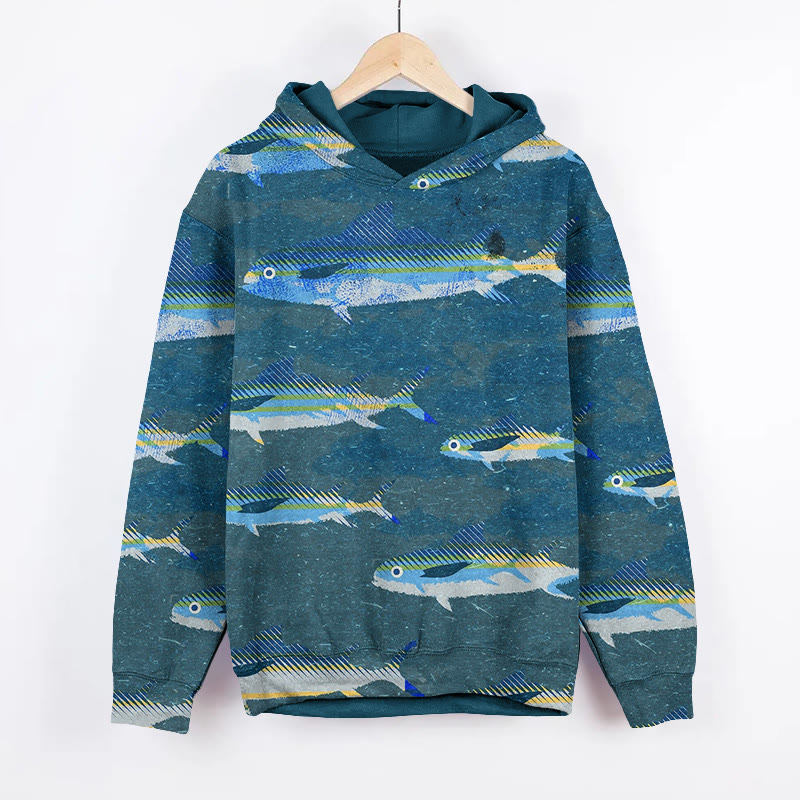 Unisex Fish School Ocean Print Long Sleeved Hoodie - Blue - US44-46(8XL) - image 1