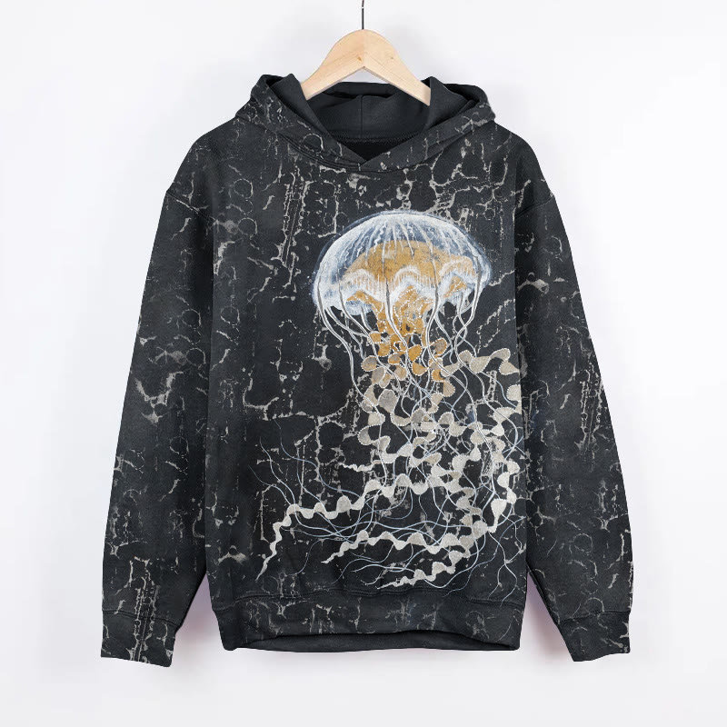 Unisex Jellyfish Art Painting Print Long Sleeved Hoodie - Black - US44-46(8XL) - image 1