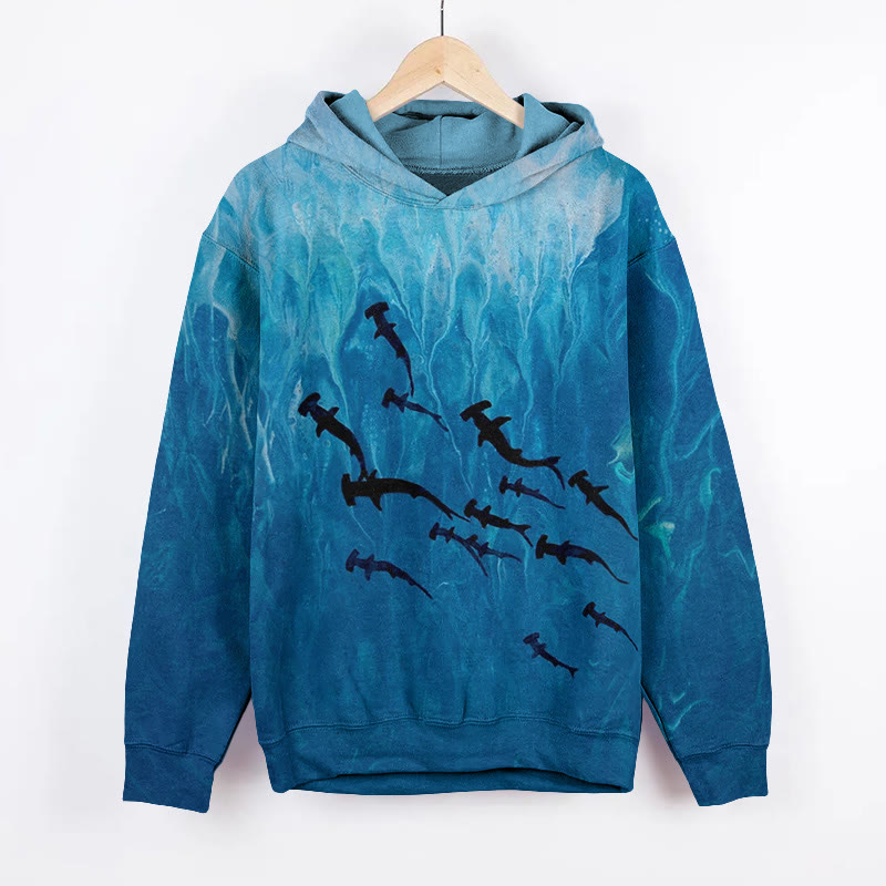 Unisex Underwater Fish Schools Art Print Long Sleeved Hoodie - Blue - US44-46(8XL) - image 1