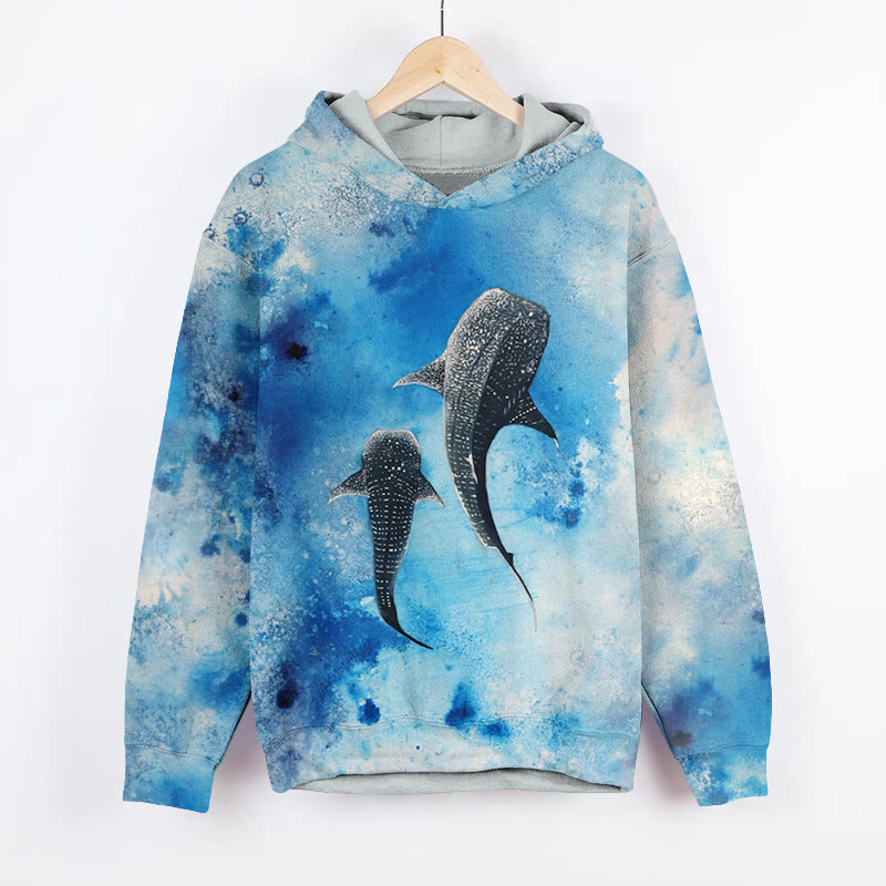 Unisex Whale Watercolor Art Print Long Sleeved Hoodie - Blue - US44-46(8XL) - image 1