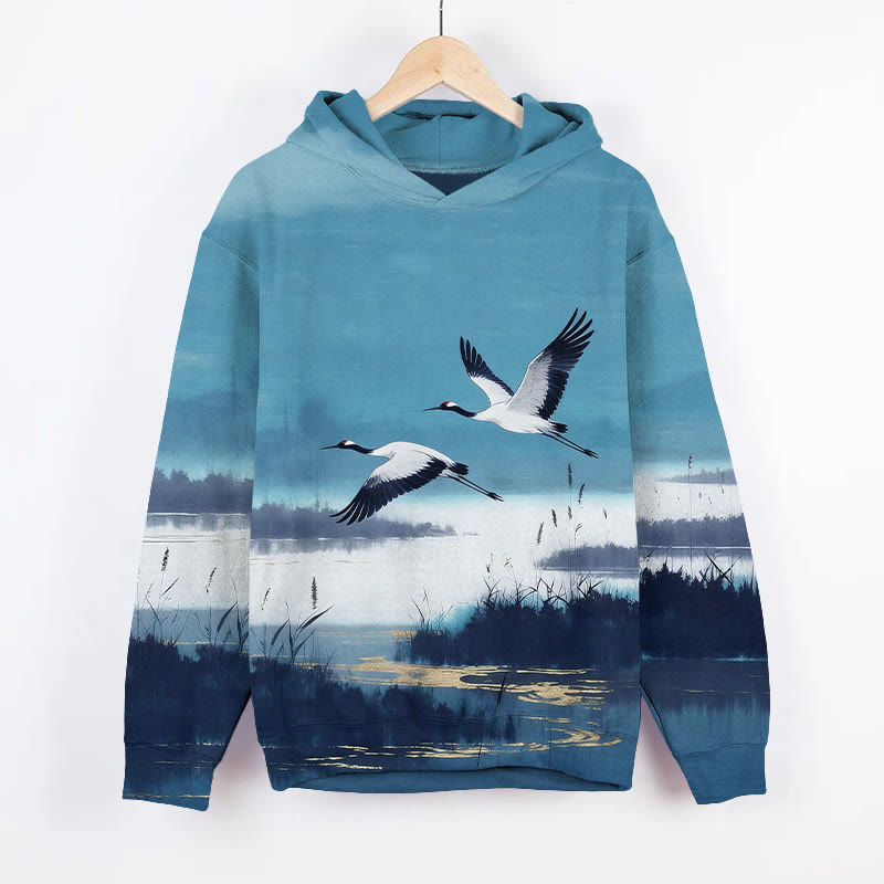 Vintage Watercolor White Crane Flying Over Reed Marshes Art Print Long Sleeve Hoodie - Blue - US44-46(8XL) - image 1
