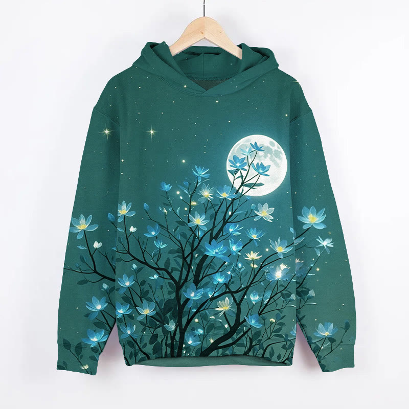Glowing Blue Flowers Under The Moonlight Art Print Long Sleeve Hoodie - Green - US44-46(8XL) - image 2
