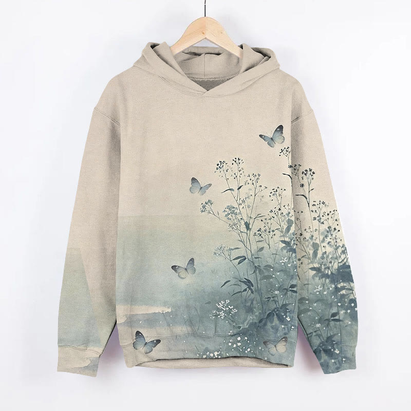 Retro Watercolor Butterfly & Wildflower Art Print Long Sleeve Hoodie - Khaki - US44-46(8XL) - image 1