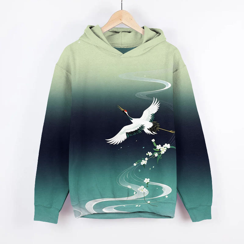 Japanese Ombre Flying White Crane & Flowers Art Print Long Sleeve Hoodie - Green - US44-46(8XL) - image 2