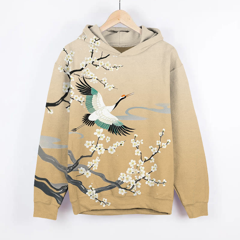 Japanese Ombre White Crane & Sakura Art Print Long Sleeve Hoodie - Yellow - US44-46(8XL) - image 2