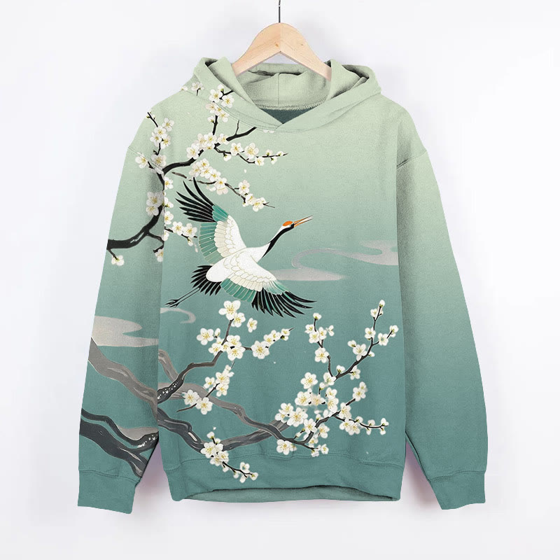 Japanese Ombre White Crane & Sakura Art Print Long Sleeve Hoodie - Green - US44-46(8XL) - image 1