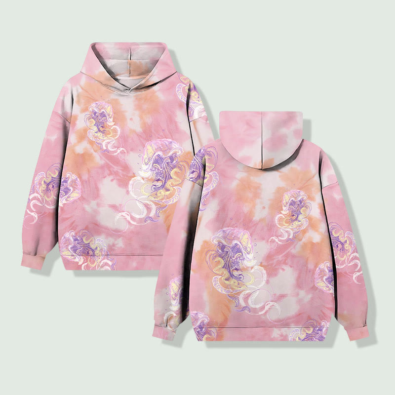 Unisex Vintage Tie-dye Abstract Jellyfish Print Long Sleeved Hoodie - image 2