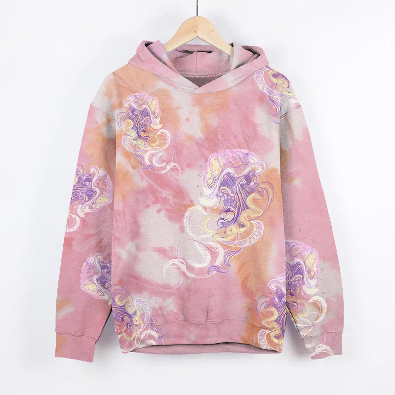 Unisex Vintage Tie-dye Abstract Jellyfish Print Long Sleeved Hoodie - Pink - US44-46(8XL) - image 1