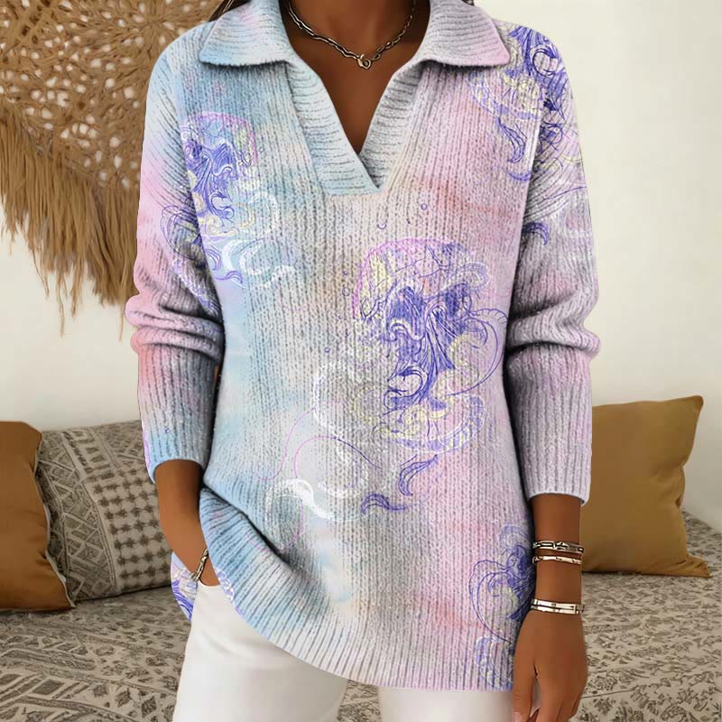 Creative Colored Simple Line Drawing Jellyfish Art Pattern Polo Collar Long Sleeved Sweater - Multicolor - 5XL - image 1
