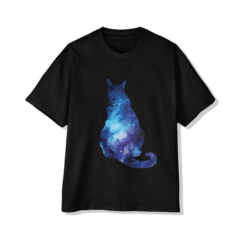 Unisex Aurora Cat Silhouette Print Short Sleeved Crew Neck T-shirt - Black - 2XL - image 2