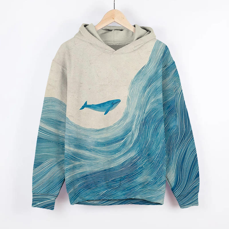 Unisex Ocean Waves And Whales Print Long Sleeved Hoodie - Khaki - US44-46(8XL) - image 1