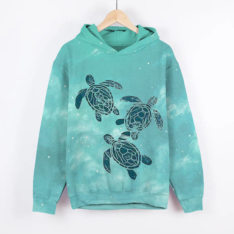 Unisex Tie Dye Sea Turtle Group  Art Print Long Sleeved Hoodie - Green - US44-46(8XL) - image 1