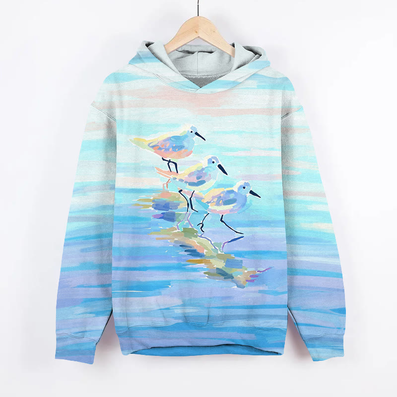 Unisex Gradient Watercolor Seabird Group Print Long Sleeved Hoodie - Light Blue - US44-46(8XL) - image 1