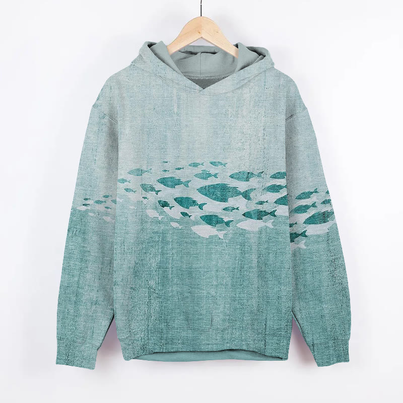 Unisex Vintage  Fish School Print Long Sleeved Hoodie - Green - US44-46(8XL) - image 1