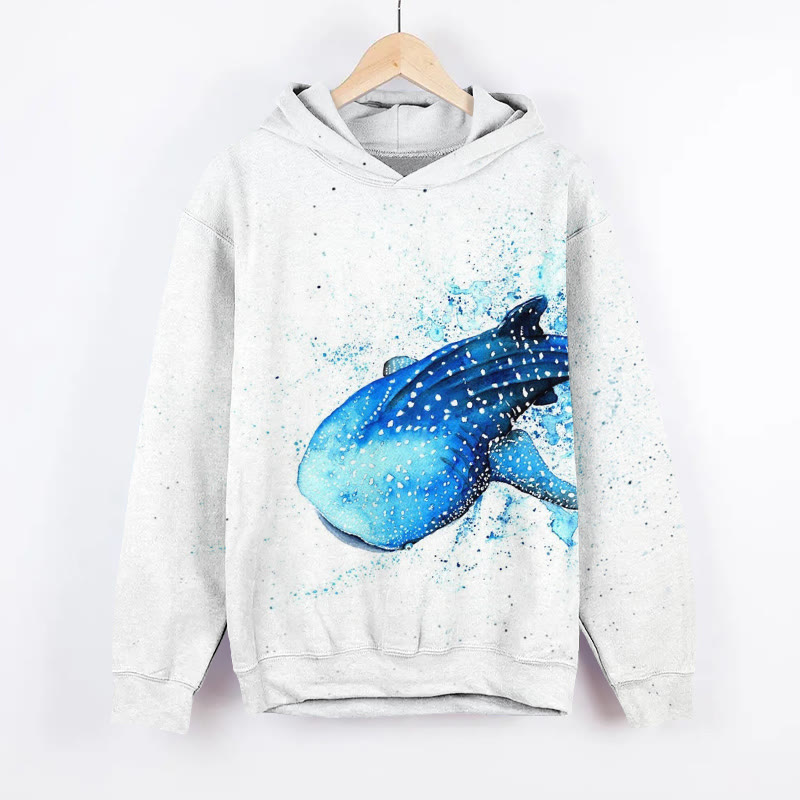 Unisex Watercolor Whale Shark Print Long Sleeved Hoodie - White - US44-46(8XL) - image 1