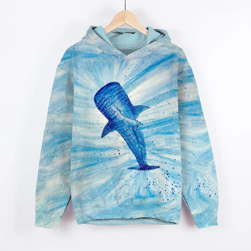 Unisex Gradient  Watercolor Whale Shark Print Long Sleeved Hoodie - Blue - US44-46(8XL) - image 1